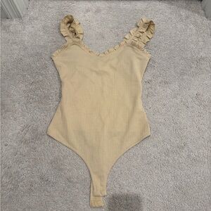 Pink Lily Small Ruffled Tan Ribbed Bodysuit